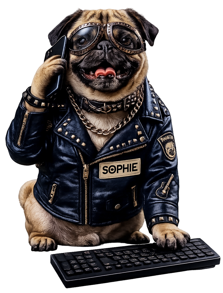 SOPHIE Pug Atendiendo